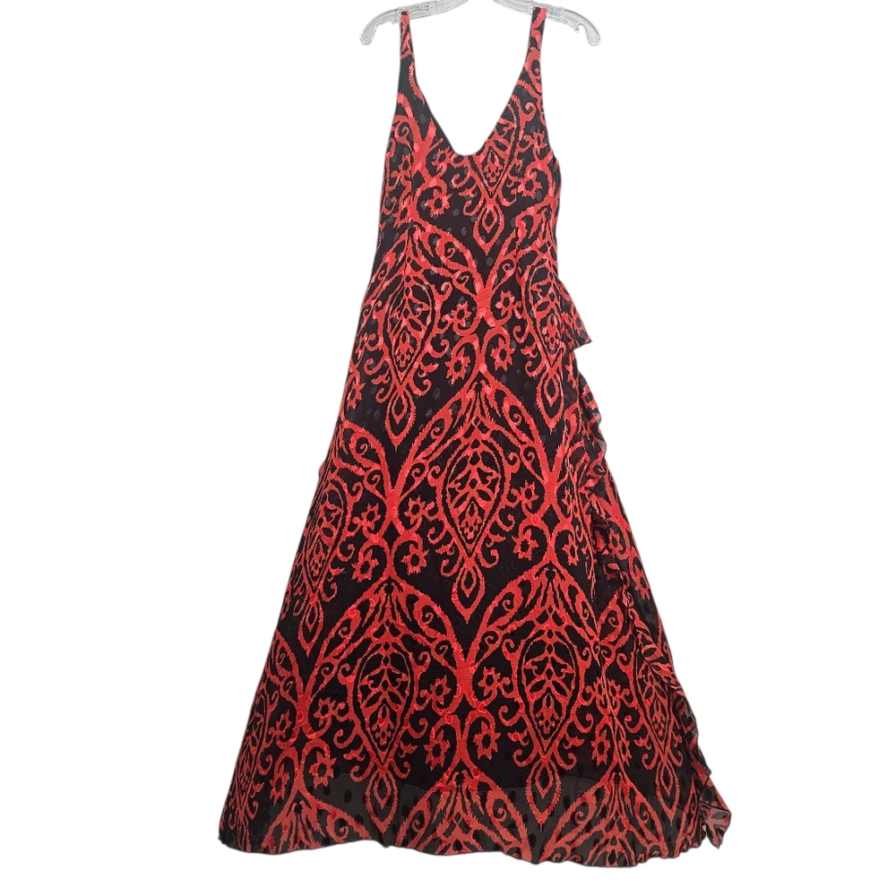 Nasty Gal Nwt Grand Entrance Red/Black Jacquard Ruffled Flowy V Neck Maxi Dress - Picture 3 of 17